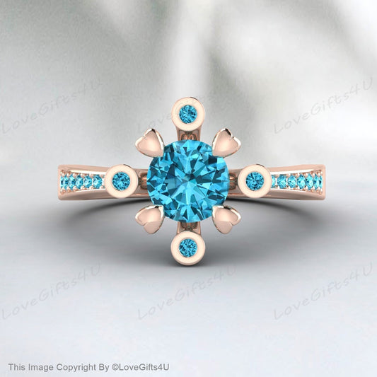 Blue Zircon Diamond Ring December Birthstone Engagement Wedding Ring