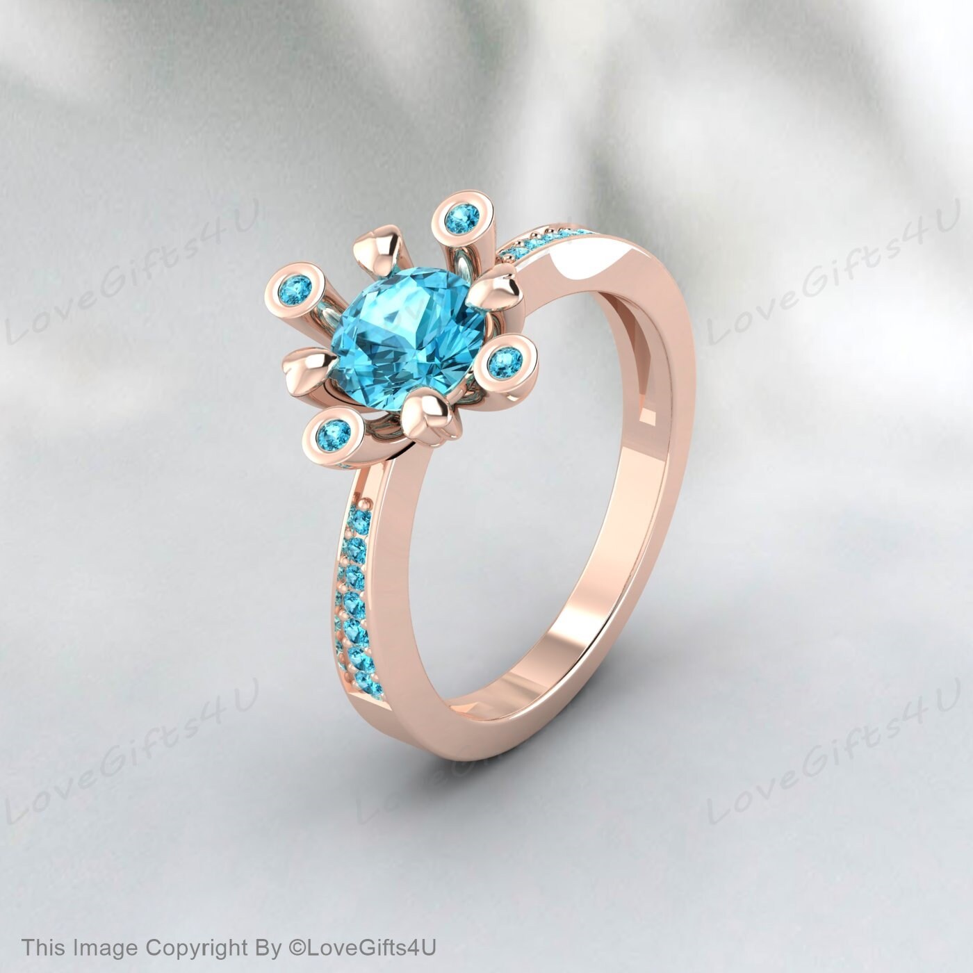 Blue Zircon Diamond Ring December Birthstone Engagement Wedding Ring