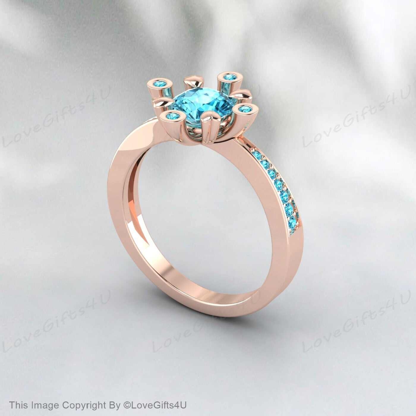 Blue Zircon Diamond Ring December Birthstone Engagement Wedding Ring