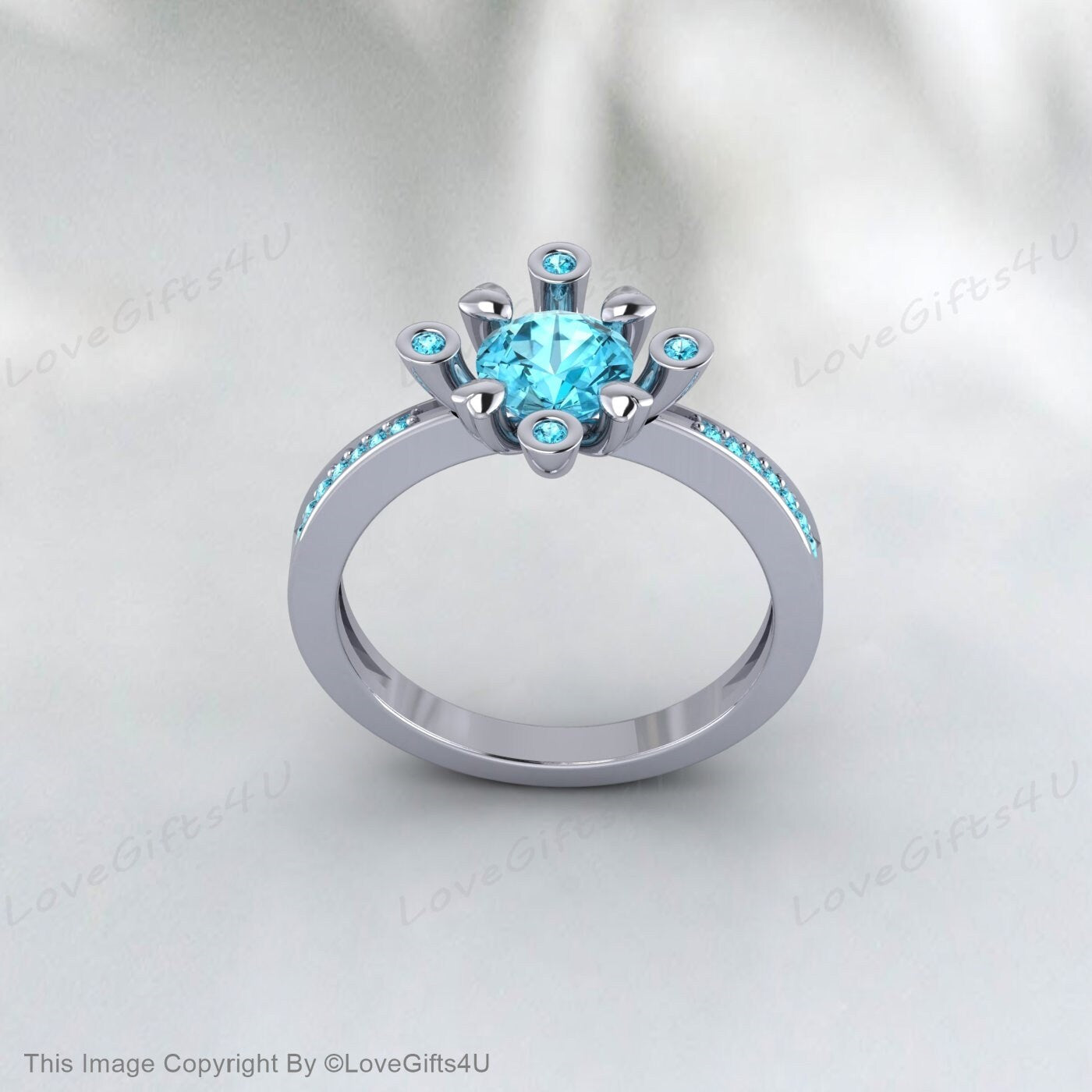 Blue Zircon Diamond Ring December Birthstone Engagement Wedding Ring