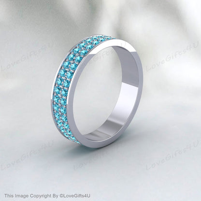 Bande d’anniversaire de diamant bleu, bague de diamant pavée à 2 rangées, petite bague de pierres précieuses taillées en brillant, empilage, pierre de naissance d’avril, cadeau de mariée en argent 925