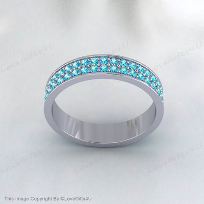 Bande d’anniversaire de diamant bleu, bague de diamant pavée à 2 rangées, petite bague de pierres précieuses taillées en brillant, empilage, pierre de naissance d’avril, cadeau de mariée en argent 925