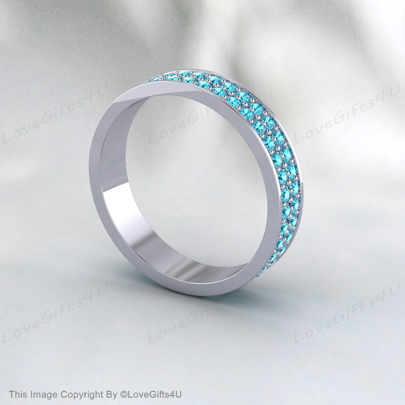 Bande d’anniversaire de diamant bleu, bague de diamant pavée à 2 rangées, petite bague de pierres précieuses taillées en brillant, empilage, pierre de naissance d’avril, cadeau de mariée en argent 925