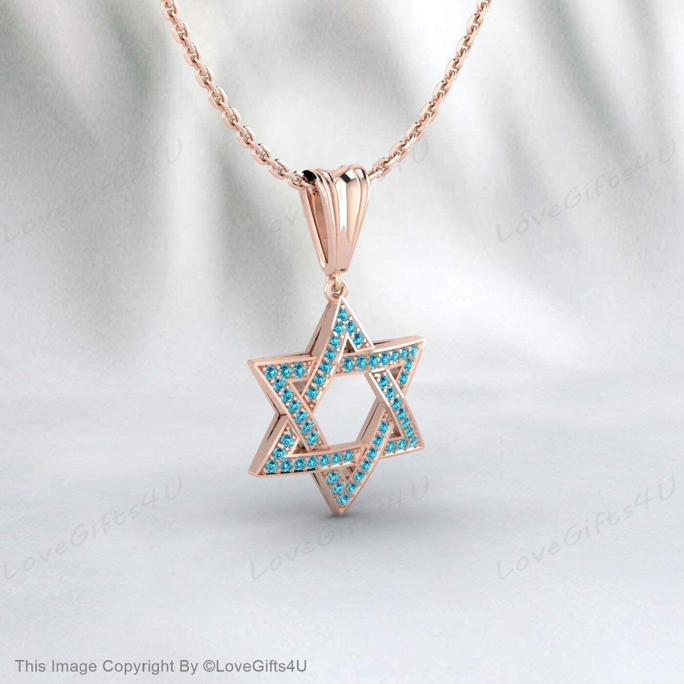 David Star Necklace Women, Gold Star Of David Necklace, Gift for Bat Mitzvah, Blue Diamond Star Of David Pendant, Unisex April Birthstone