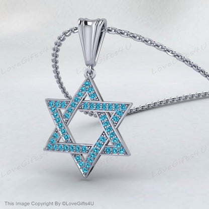 David Star Necklace Women, Gold Star Of David Necklace, Gift for Bat Mitzvah, Blue Diamond Star Of David Pendant, Unisex April Birthstone