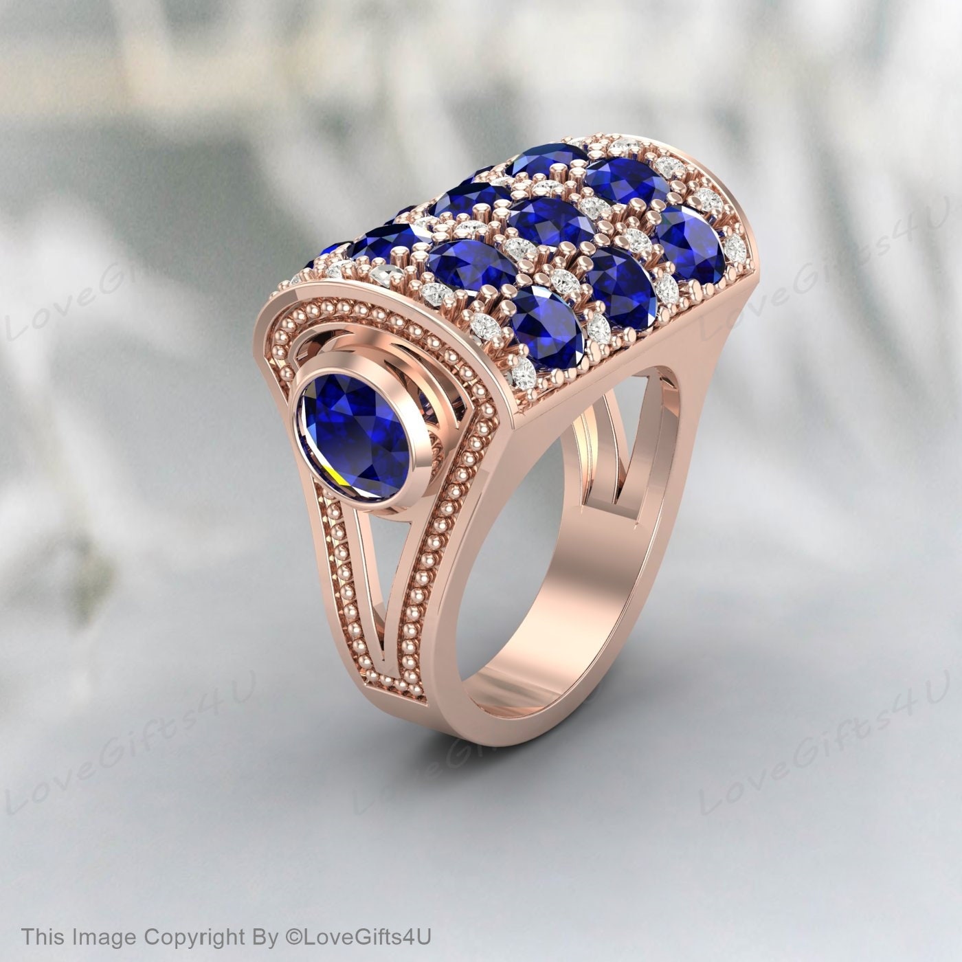 Bague de fiançailles en saphir bleu, bague en or rose massif 14 carats, bague en pierre précieuse bleue, bague en saphir vintage, bague en zircon taille ronde, bague pour elle