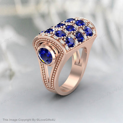 Blue Sapphire Engagement Ring, 14k Solid Rose Gold Ring, Blue Gemstone Ring, Vintage Sapphire Ring, Round Cut Zircon Ring, Ring For Her