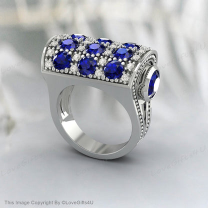 Bague de fiançailles en saphir bleu, bague en or rose massif 14 carats, bague en pierre précieuse bleue, bague en saphir vintage, bague en zircon taille ronde, bague pour elle