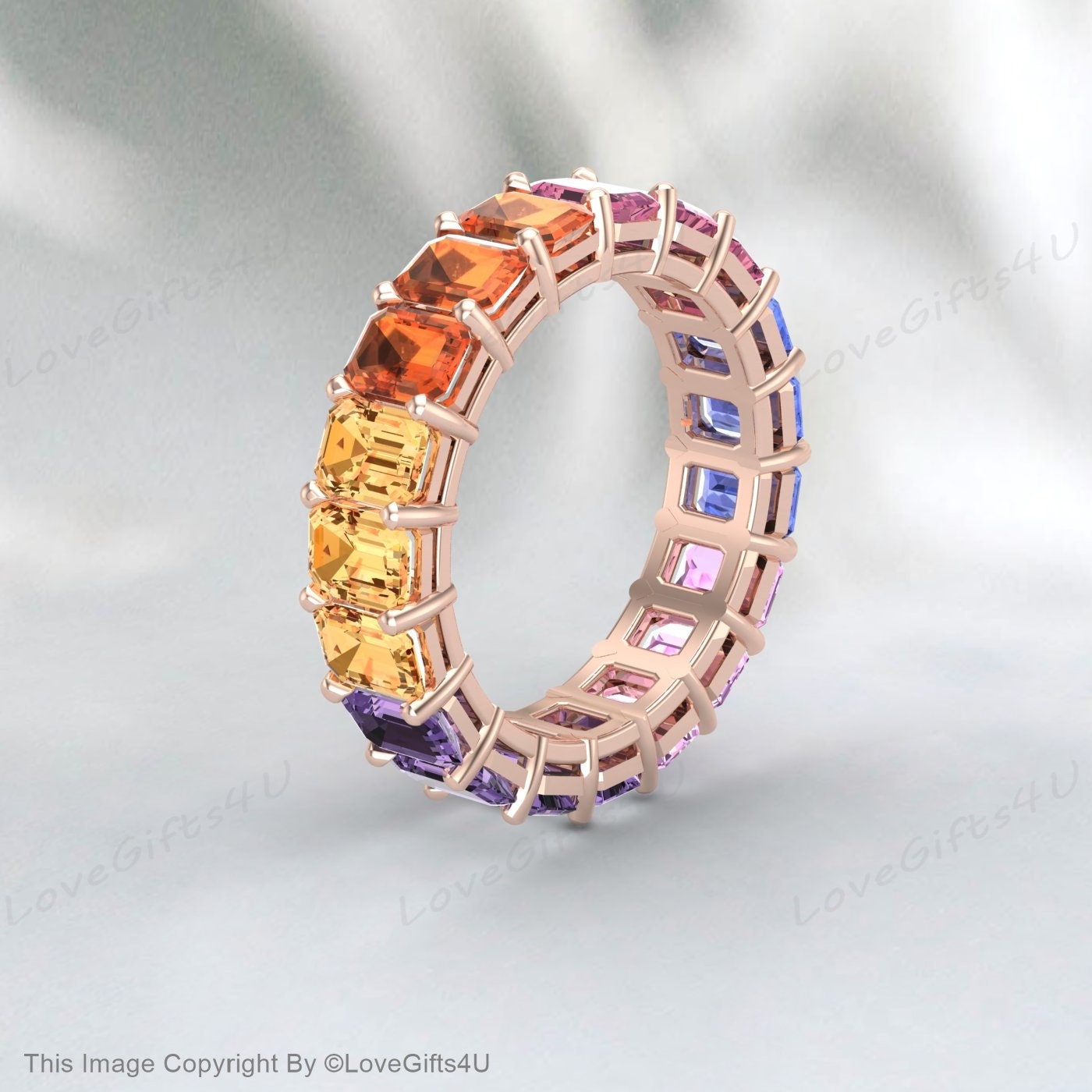 Bague multi-saphir, pierre précieuse naturelle colorée, bande d'éternité complète