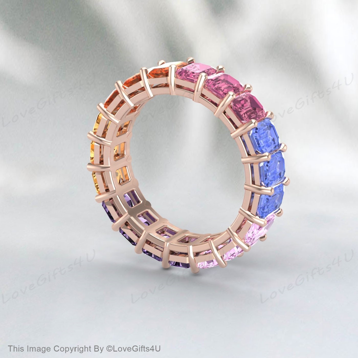 Bague multi-saphir, pierre précieuse naturelle colorée, bande d'éternité complète