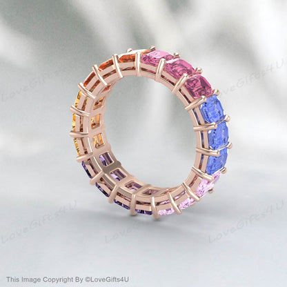 Bague multi-saphir, pierre précieuse naturelle colorée, bande d'éternité complète