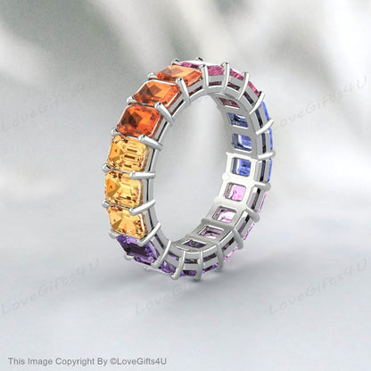 Bague multi-saphir, pierre précieuse naturelle colorée, bande d'éternité complète