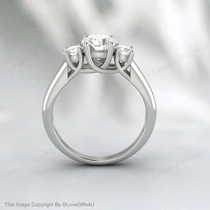 Bague de fiançailles en argent avec halo de moissanite véritable à trois pierres