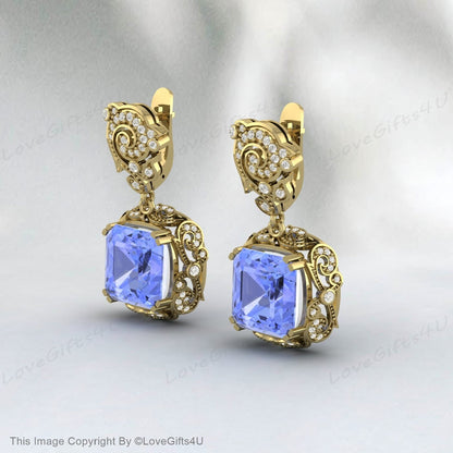 Boucles d’oreilles en or jaune, boucles d’oreilles Tanzanite Dangle 14k Or jaune, Pierre de naissance de décembre, Tanzanite authentique, Boucles d’oreilles en or, Bijoux minimalistes