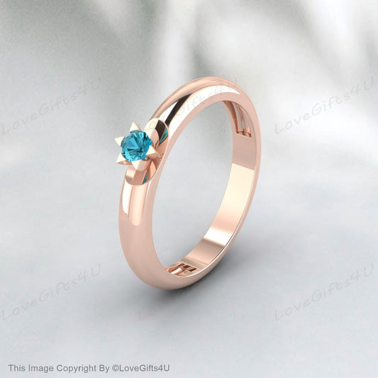 Blue Topaz Ring Round Cut Gemstone November Birthstone Wedding Band