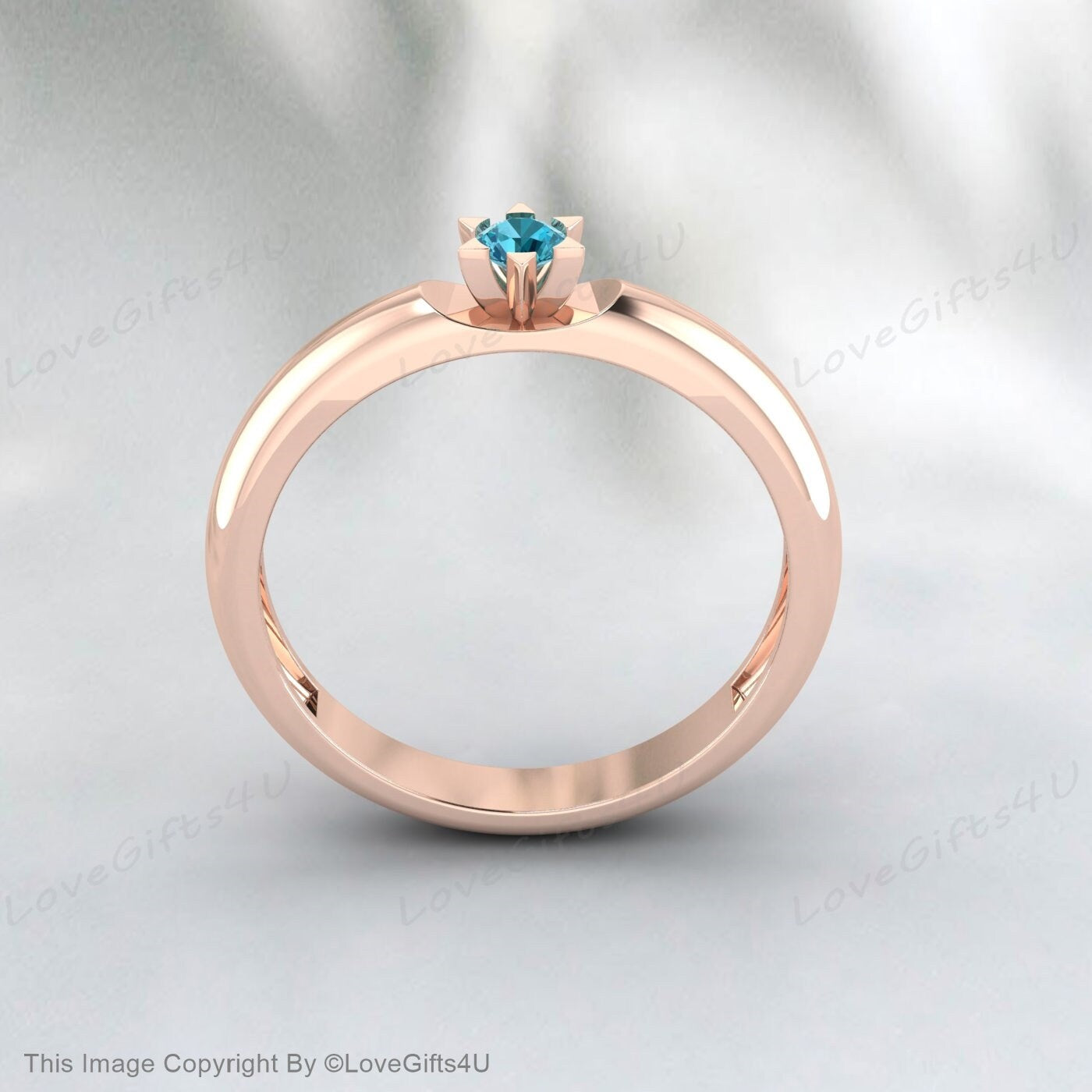 Blue Topaz Ring Round Cut Gemstone November Birthstone Wedding Band