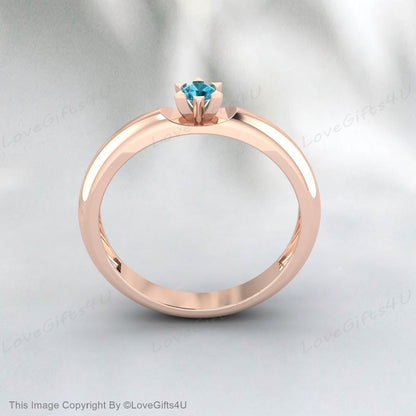 Blue Topaz Ring Round Cut Gemstone November Birthstone Wedding Band