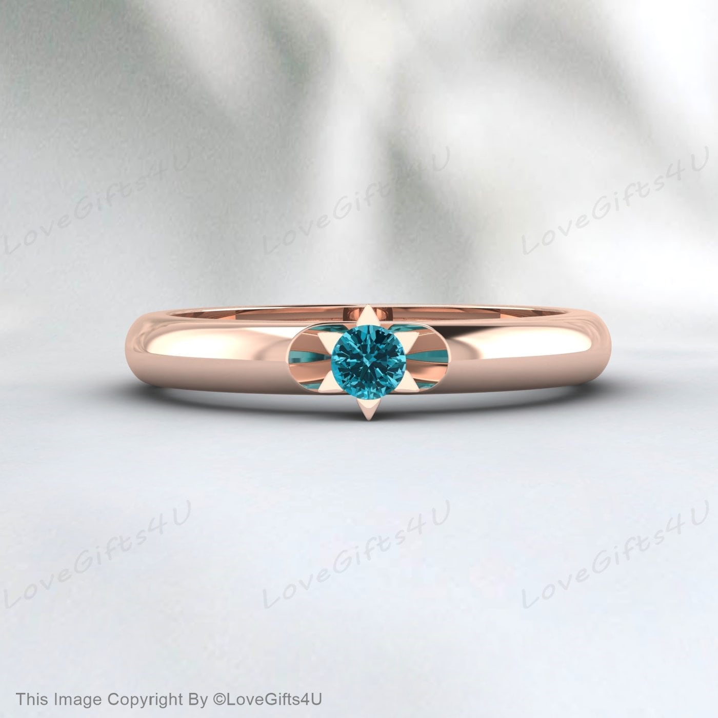 Blue Topaz Ring Round Cut Gemstone November Birthstone Wedding Band