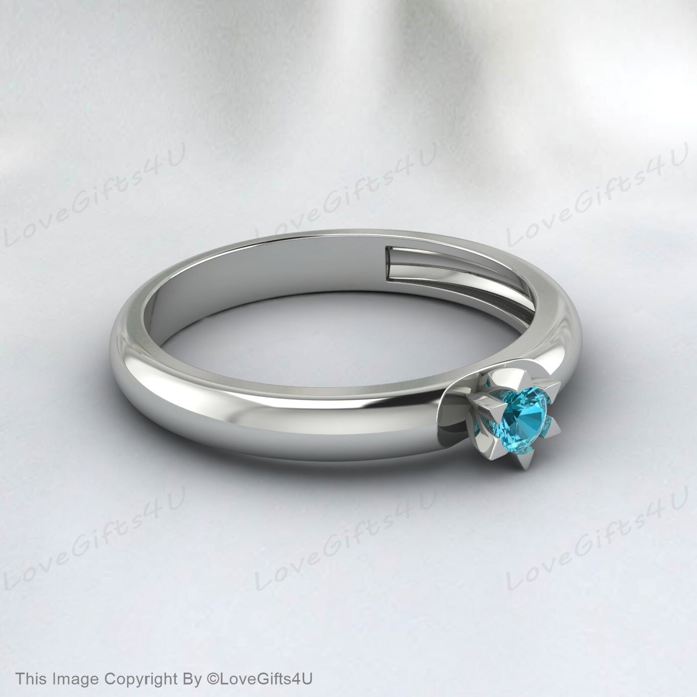 Blue Topaz Ring Round Cut Gemstone November Birthstone Wedding Band