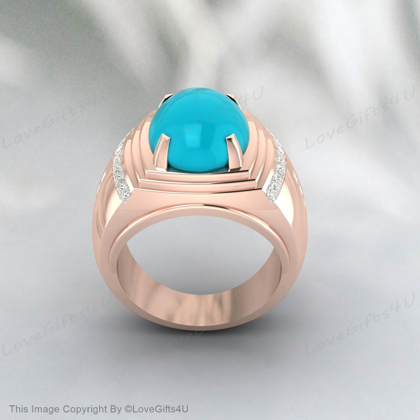 Turquoise Oval Gemstone Silver Men Engraved Ring Anniversary Gifts