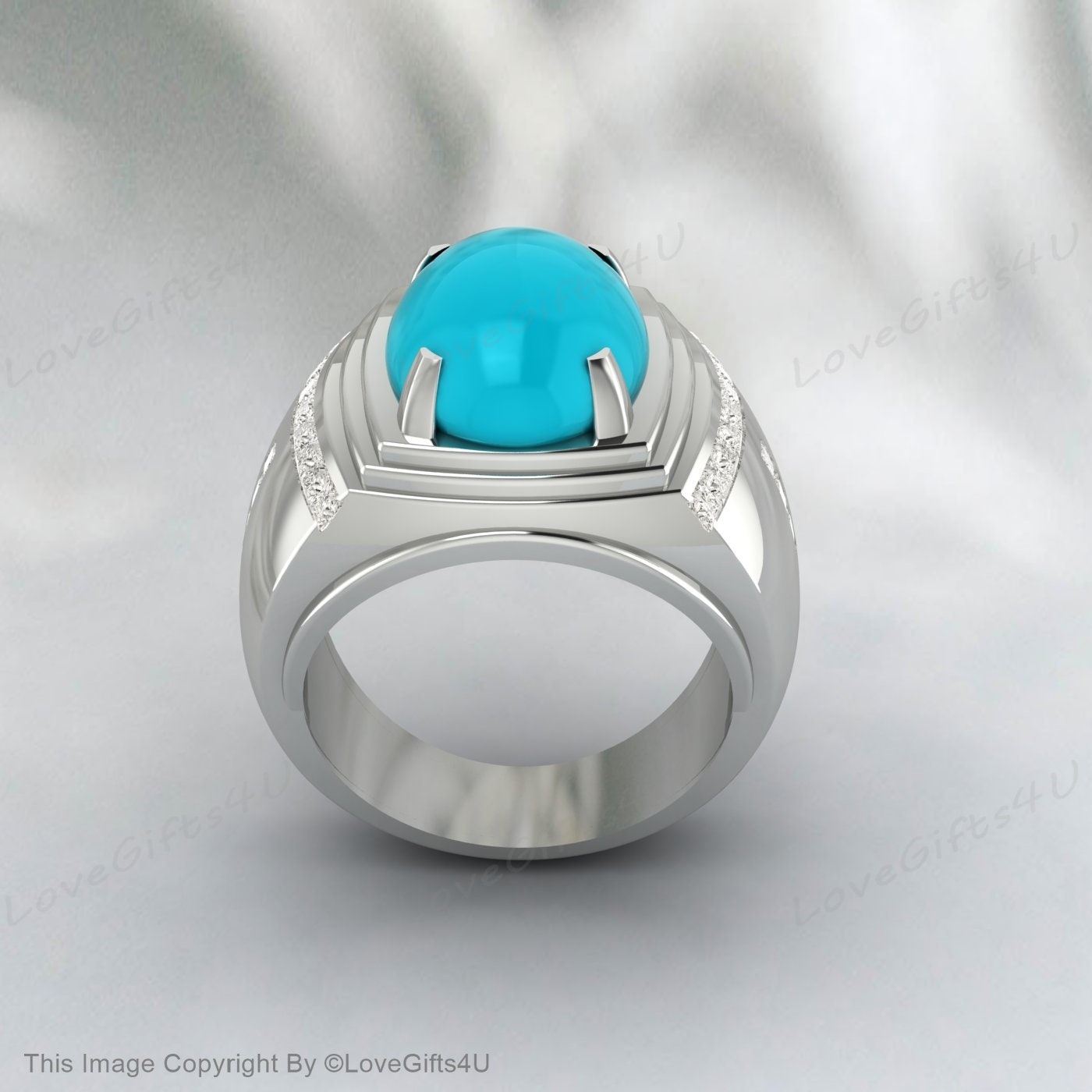 Turquoise Oval Gemstone Silver Men Engraved Ring Anniversary Gifts