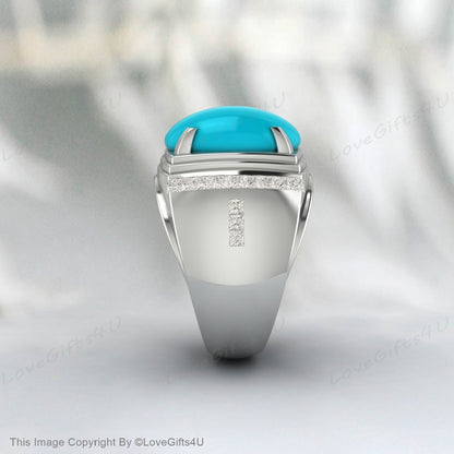 Turquoise Oval Gemstone Silver Men Engraved Ring Anniversary Gifts