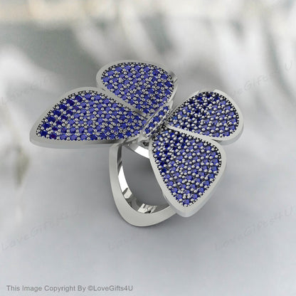 Blue Sapphire Butterfly Ring Moveable Engagement Ring Promise Ring