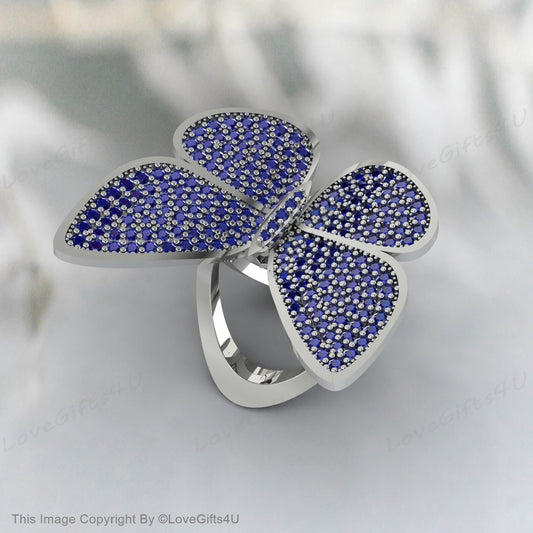 Blue Sapphire Butterfly Ring Moveable Engagement Ring Promise Ring