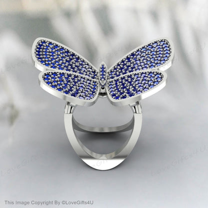 Blue Sapphire Butterfly Ring Moveable Engagement Ring Promise Ring