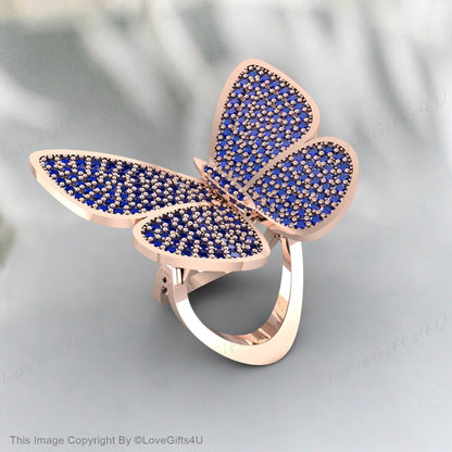 Blue Sapphire Butterfly Ring Moveable Engagement Ring Promise Ring