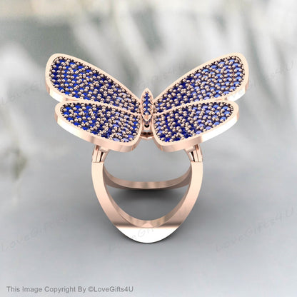 Blue Sapphire Butterfly Ring Moveable Engagement Ring Promise Ring