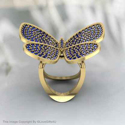 Blue Sapphire Butterfly Ring Moveable Engagement Ring Promise Ring