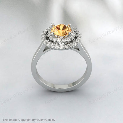 Bague de fiançailles ronde en citrine, bague d'anniversaire en argent, bague de proposition