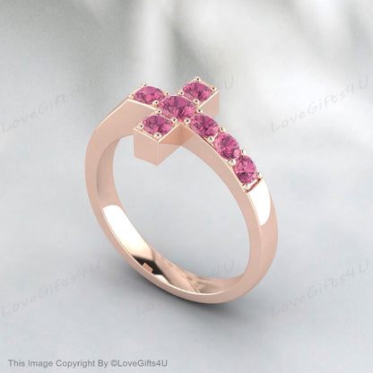 Pink Tourmaline Cross Ring Promise Ring Christian Religious Jewelry