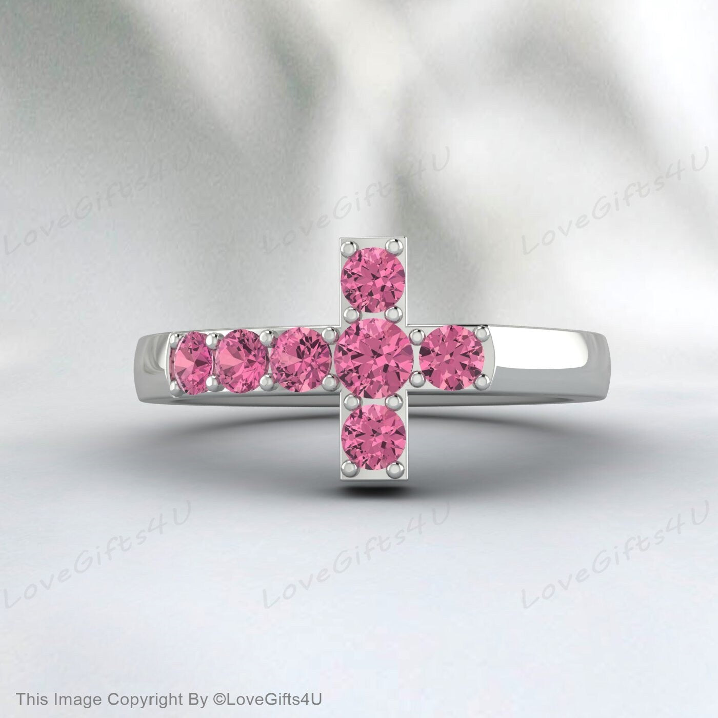 Pink Tourmaline Cross Ring Promise Ring Christian Religious Jewelry