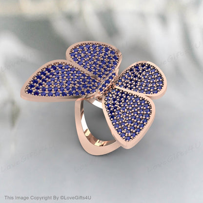 Blue Sapphire Butterfly Ring Moveable Engagement Ring Promise Ring