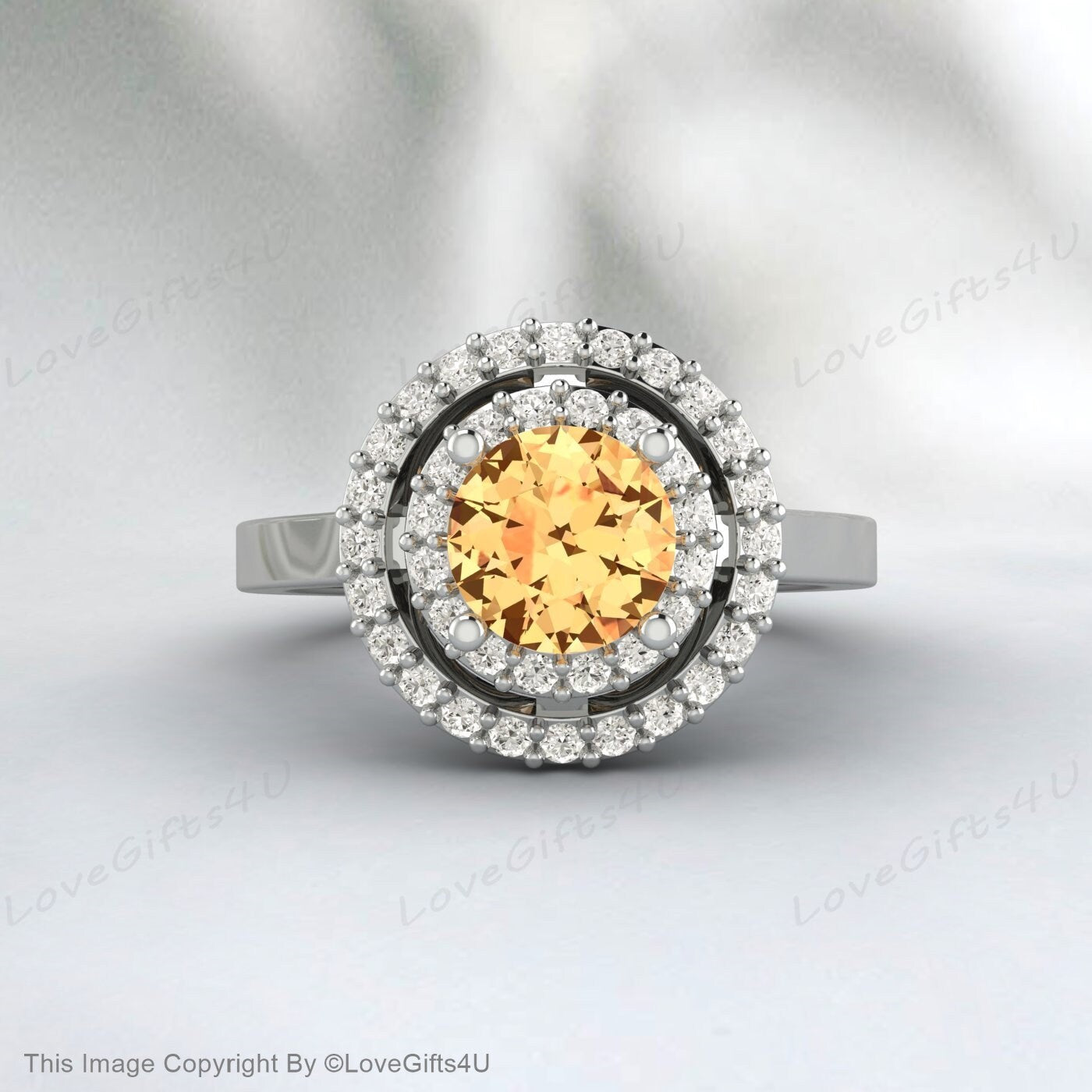 Round Citrine Engagement Ring Silver Anniversary Ring Proposal Ring