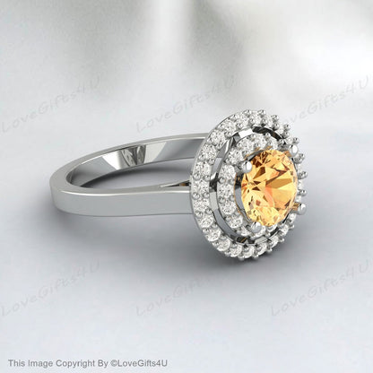 Bague de fiançailles ronde en citrine, bague d'anniversaire en argent, bague de proposition