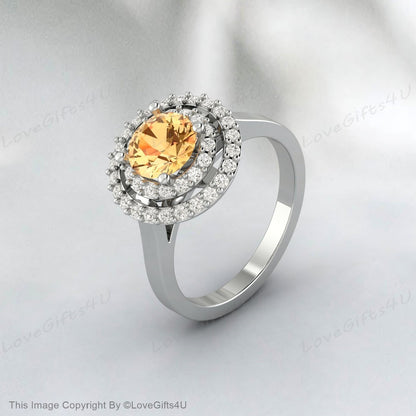 Round Citrine Engagement Ring Silver Anniversary Ring Proposal Ring