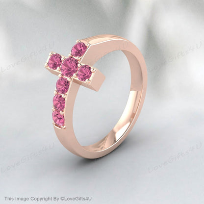 Pink Tourmaline Cross Ring Promise Ring Christian Religious Jewelry