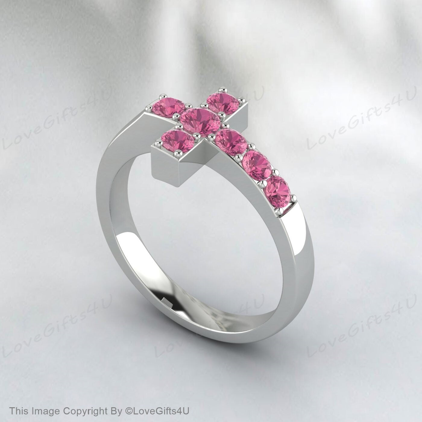 Pink Tourmaline Cross Ring Promise Ring Christian Religious Jewelry