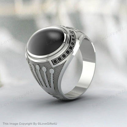 Black Onyx Handmade Mens Ring Vintage Ring Engraved Ring For Men