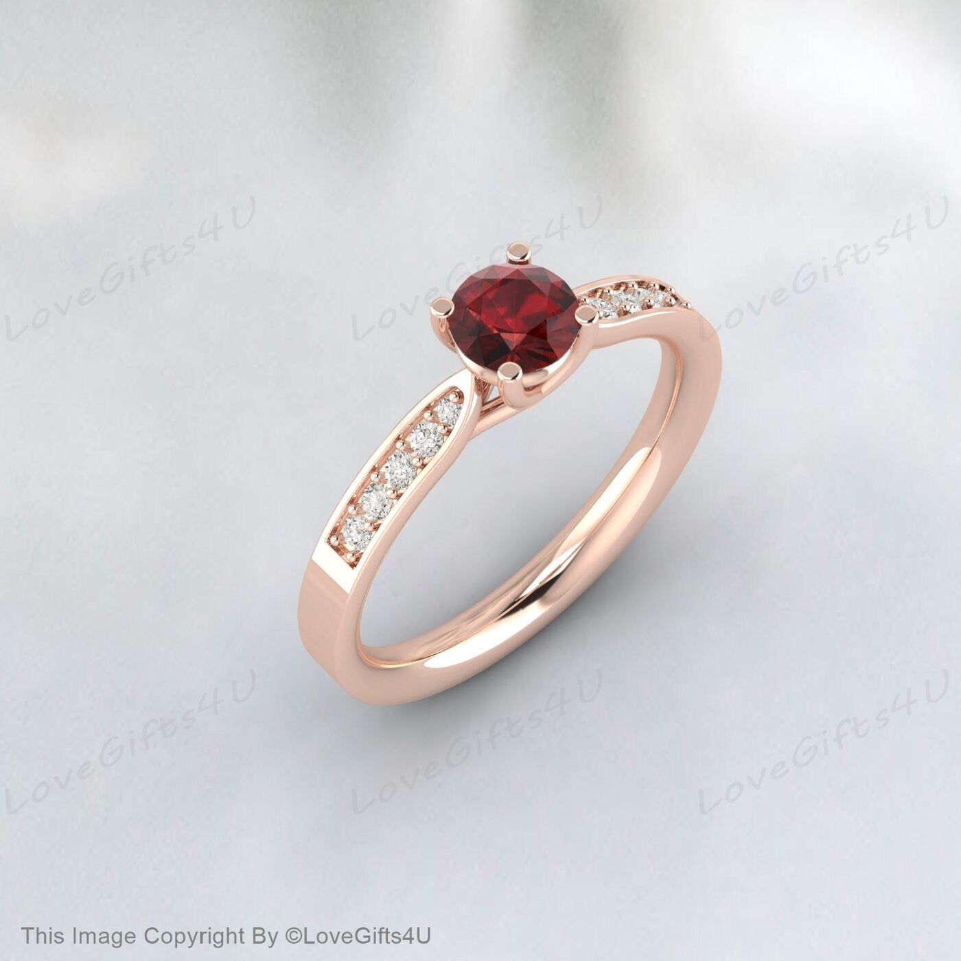 Round Garnet Engagement Ring Wedding Ring Solitaire Bridal Gift