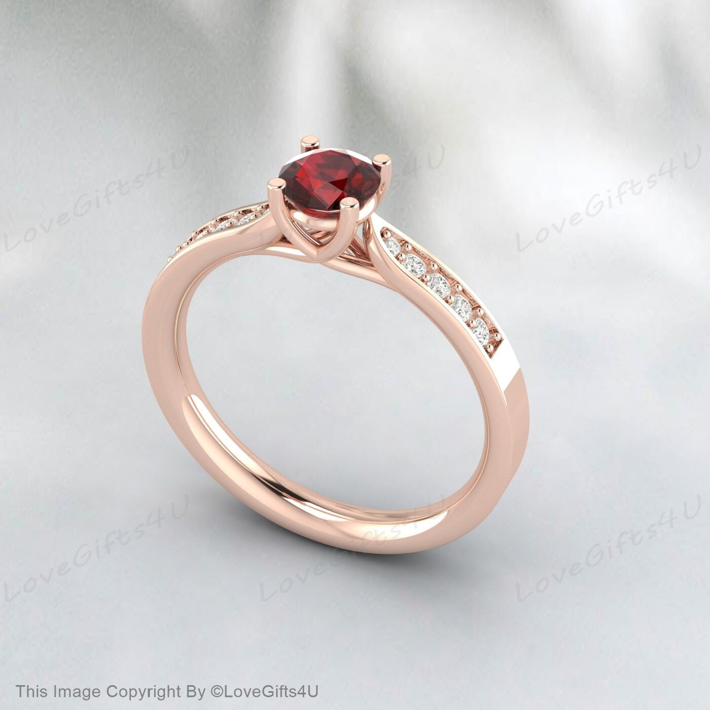 Round Garnet Engagement Ring Wedding Ring Solitaire Bridal Gift