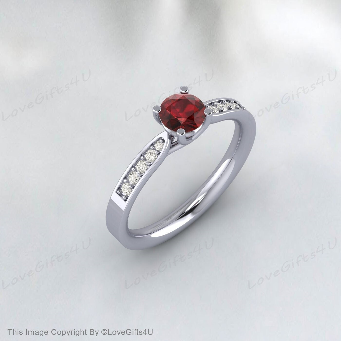 Round Garnet Engagement Ring Wedding Ring Solitaire Bridal Gift