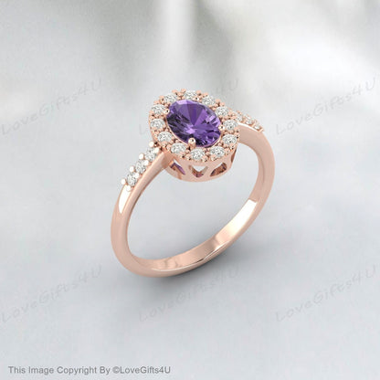 Purple Amethyst Engagement Ring Vintage Rose Gold Oval Halo Engagement Ring Unique Simulated Diamond Wedding Ring Anniversary Ring Promise