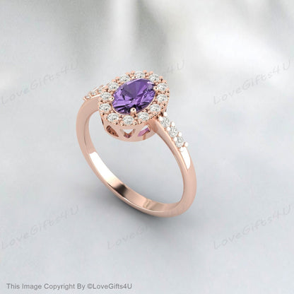 Purple Amethyst Engagement Ring Vintage Rose Gold Oval Halo Engagement Ring Unique Simulated Diamond Wedding Ring Anniversary Ring Promise