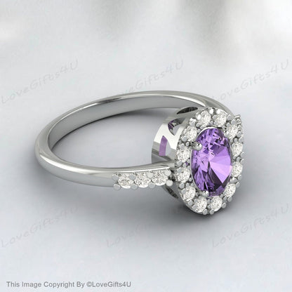 Purple Amethyst Engagement Ring Vintage Rose Gold Oval Halo Engagement Ring Unique Simulated Diamond Wedding Ring Anniversary Ring Promise