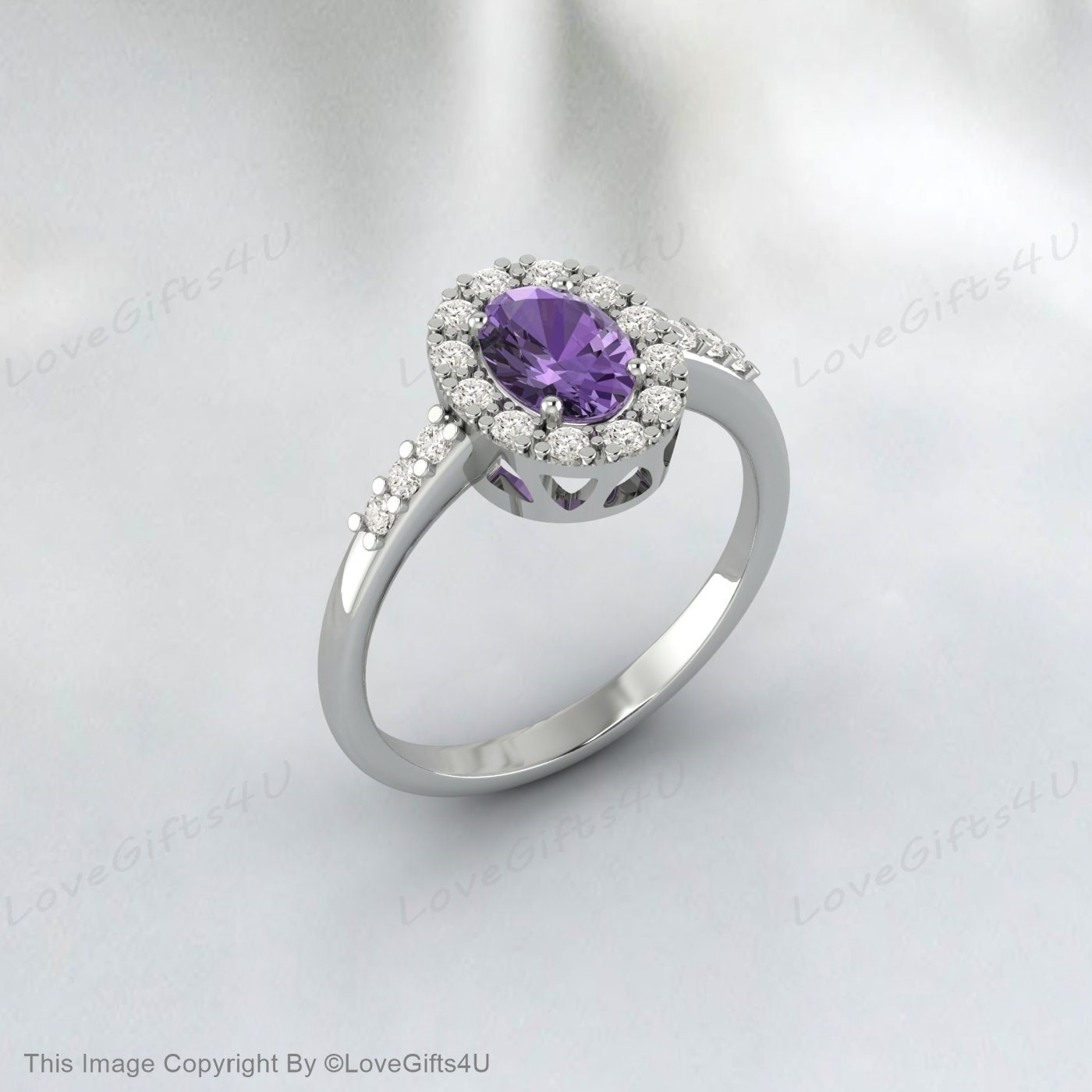 Purple Amethyst Engagement Ring Vintage Rose Gold Oval Halo Engagement Ring Unique Simulated Diamond Wedding Ring Anniversary Ring Promise