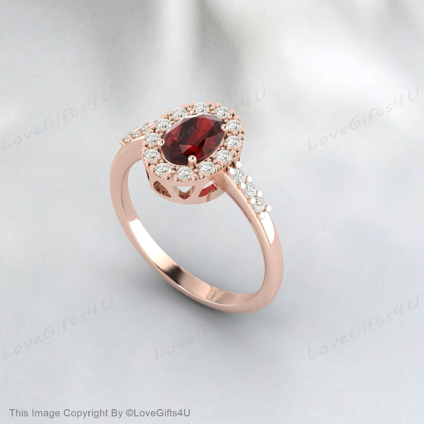 Oval Shape Red Garnet Moissanite Halo Art Deco Engagement Ring